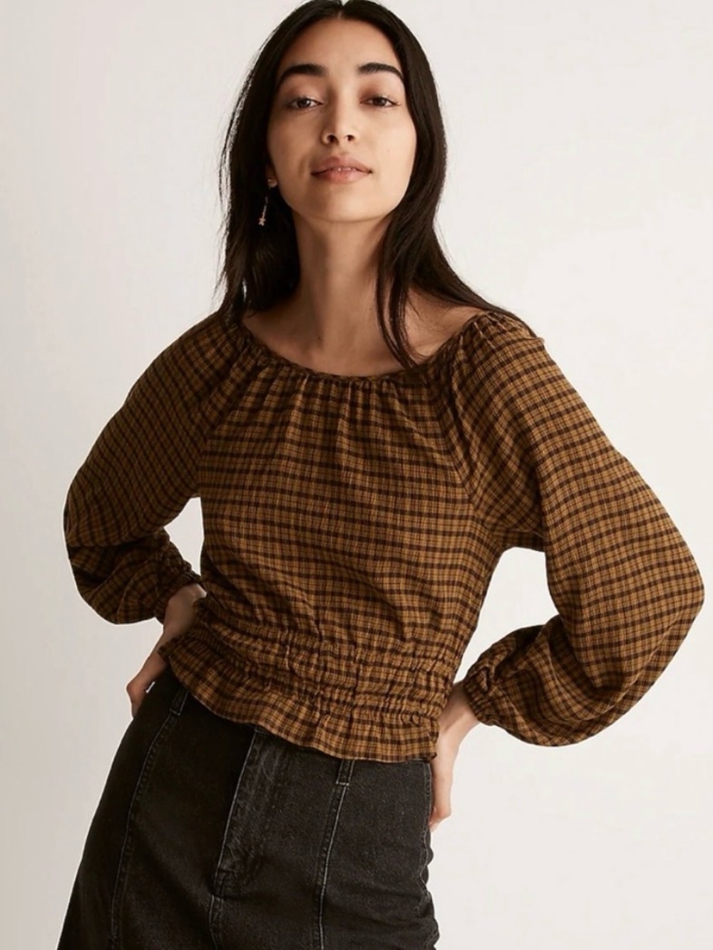 Madewell Tie-Back Cutout Top Plaid Smocked Crop S